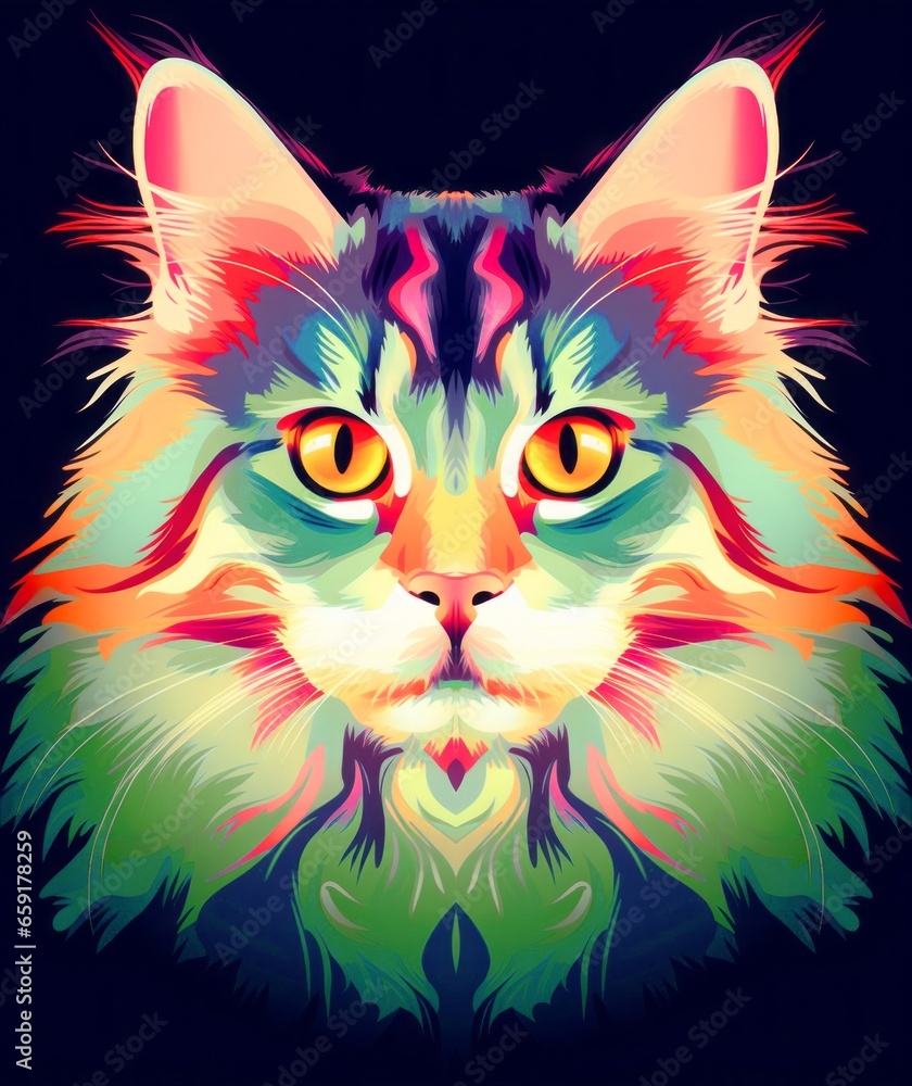 A face of a cat with bright colors. An illustration of a cat with a mystical style. A symmetrically drawn cat head. A symmetrical face of a cat looking straight ahead.
