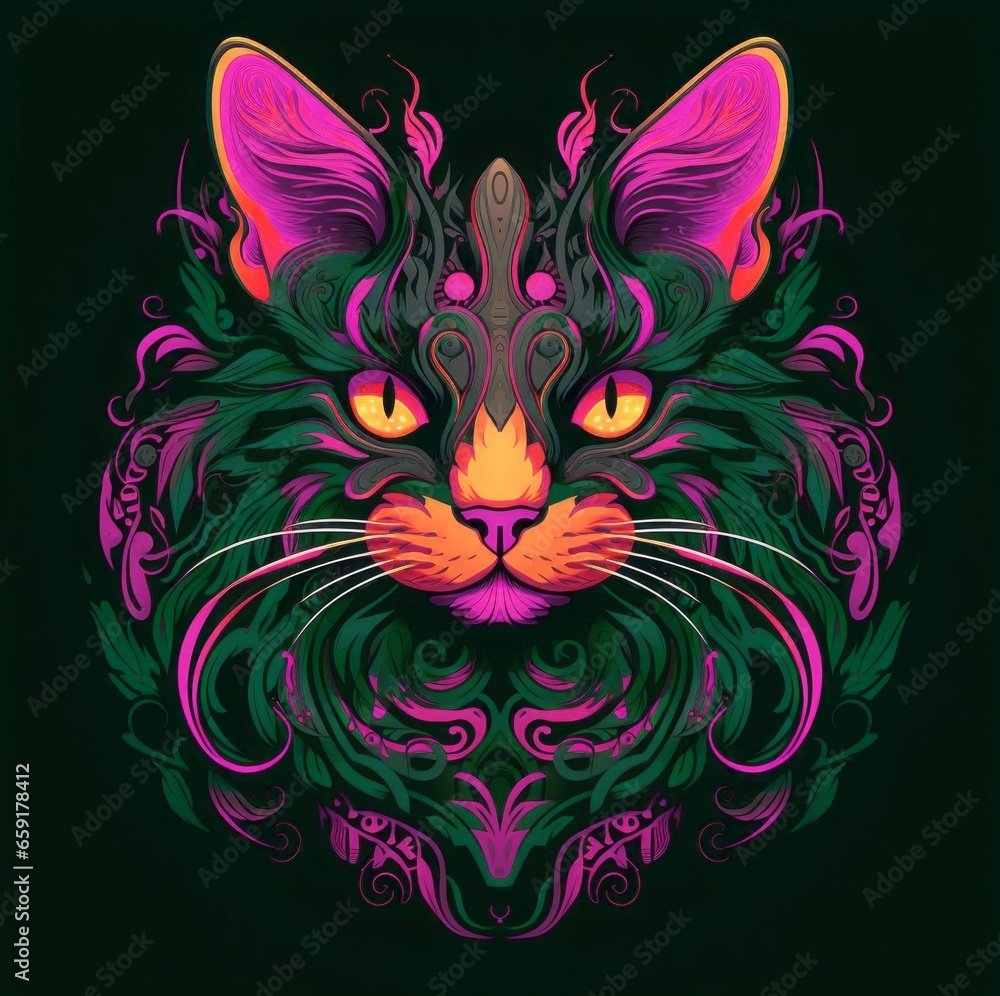 A face of a cat with bright colors. An illustration of a cat with a mystical style. A symmetrically drawn cat head. A symmetrical face of a cat looking straight ahead.
A face of a cat with bright colors. An illustration of a cat with a mystical style. A symmetrically drawn cat head. A symmetrical face of a cat looking straight ahead.