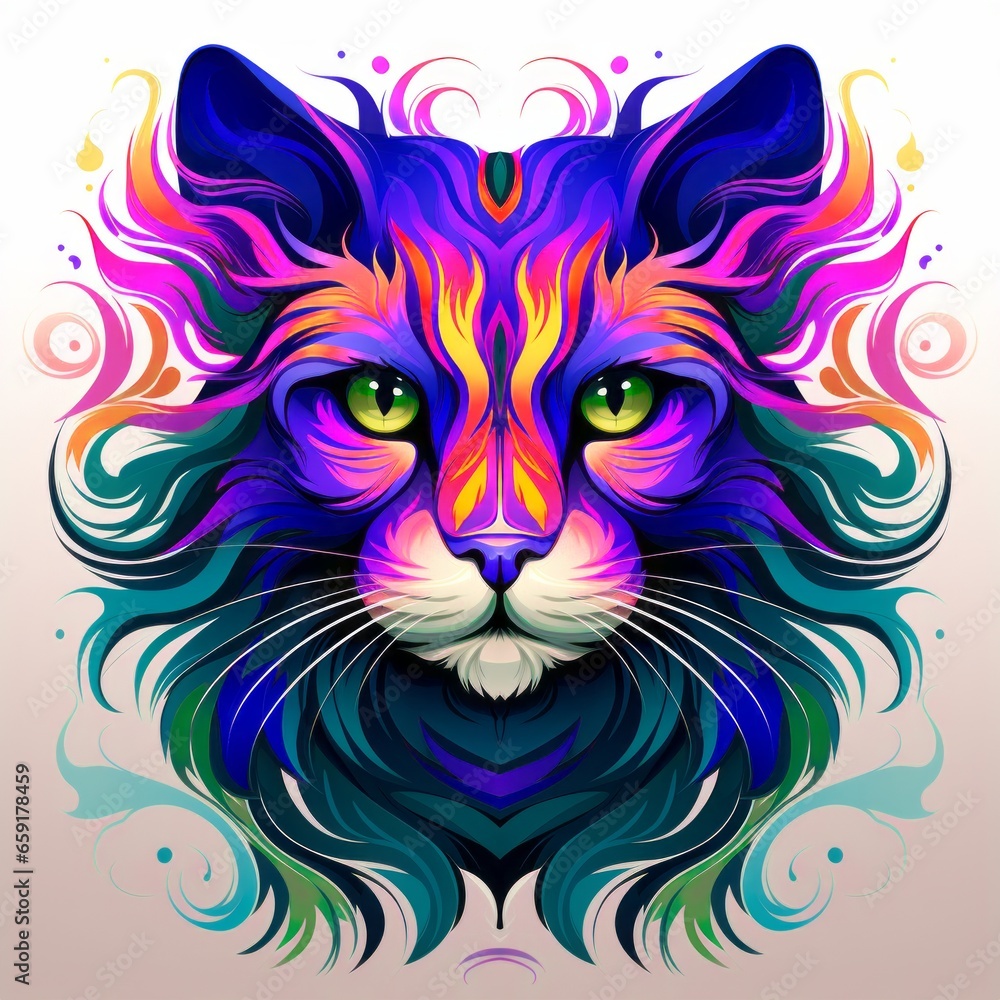 Fototapeta premium A face of a cat with bright colors. An illustration of a cat with a mystical style. A symmetrically drawn cat head. A symmetrical face of a cat looking straight ahead. 