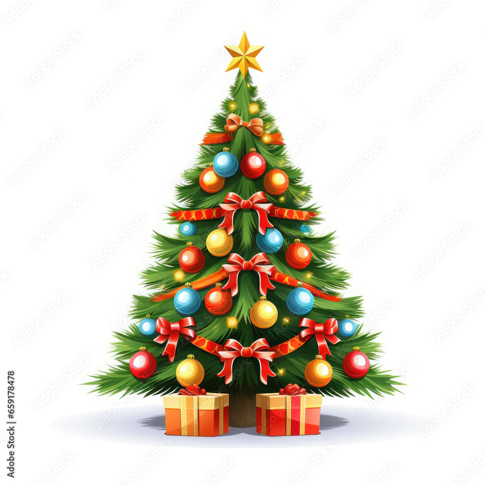Cartoon Christmas tree with star, balls, ribbons and gifts on white background. Cartoon Christmas tree with star, balls, ribbons and gifts on white background.