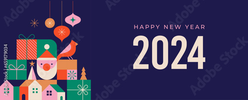 Happy New Year 2024. Christmas design in modern minimalist geometric style. Colorful illustration in flat cartoon style. Xmas tree with geometrical patterns, stars and abstract elements