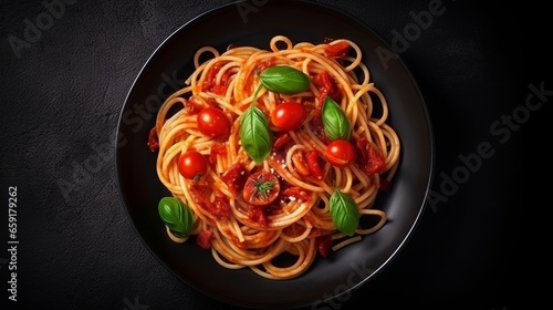 photo top view of Dark plate with italian spaghetti on dark generative ai