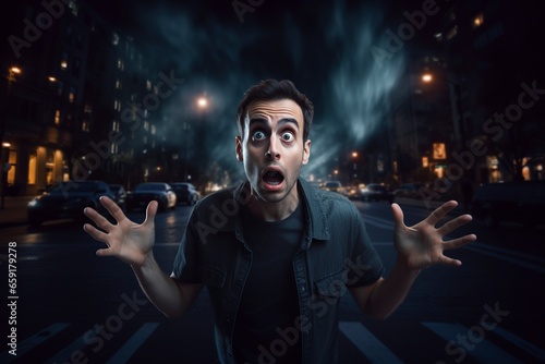 surprised and scared man standing with arms raised