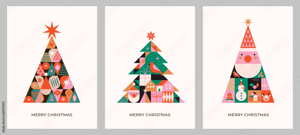 Christmas trees in modern minimalist geometric style. Story templates, posters, cards. Colorful illustration in flat cartoon style. Xmas tree with geometrical patterns, stars and abstract elements