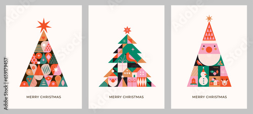 Christmas trees in modern minimalist geometric style. Story templates, posters, cards. Colorful illustration in flat cartoon style. Xmas tree with geometrical patterns, stars and abstract elements