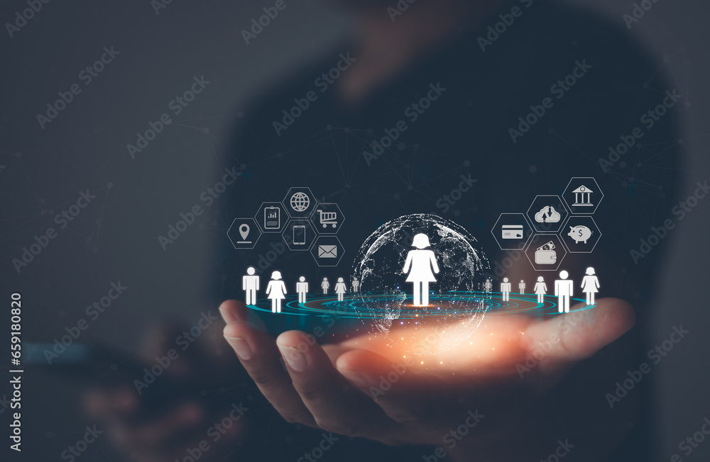 Target audience, buyer persona, customer behavior concept. Personalization marketing, customer centric strategies, Brand research analysis technology. Business people shows target customer on virtual. - obrazy, fototapety, plakaty 