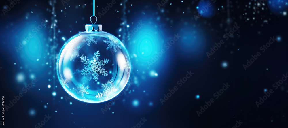 Snow Glass Globe on Blue Blurred Christmas Background Snow Glass Globe on Blue Blurred Christmas Background