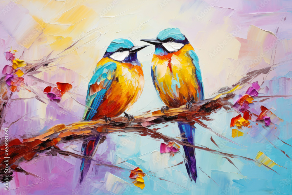 Fototapeta premium Colorful Birds Sitting on Branch Acrylic Painting. Canvas Texture, Brush Strokes.