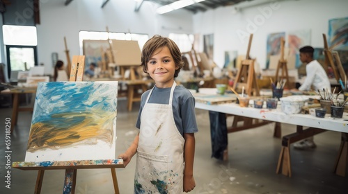 A 10 year old boy smiling during his art class.