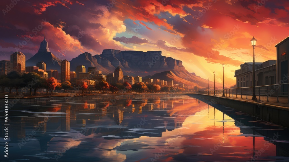 Naklejka premium Amazing landscape inspired by Cape Town - fictional landmark illustration