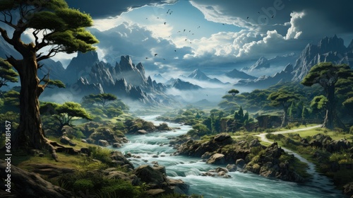Amazing landscape inspired by China - fictional landmark illustration