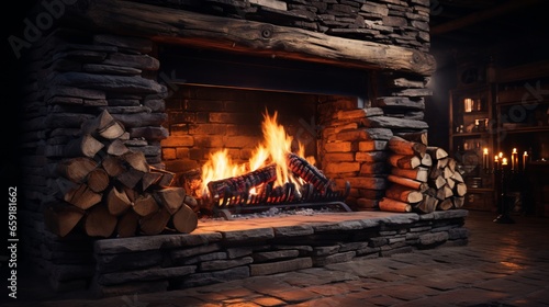 A fireplace with a fire in it. Generative AI