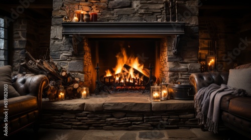 A fireplace with a fire in it. Generative AI