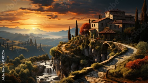 Amazing landscape inspired by Tuscany - fictional landmark illustration
