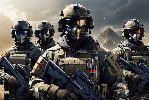 Unified and Resolute: A Group of Soldiers in Operations Gear, Standing Shoulder to Shoulder with Masks, Ready for Duty