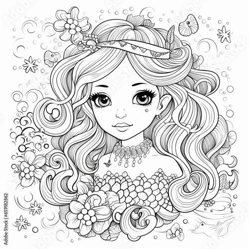 children s illustration of a mermaid  coloring  line  drawing 