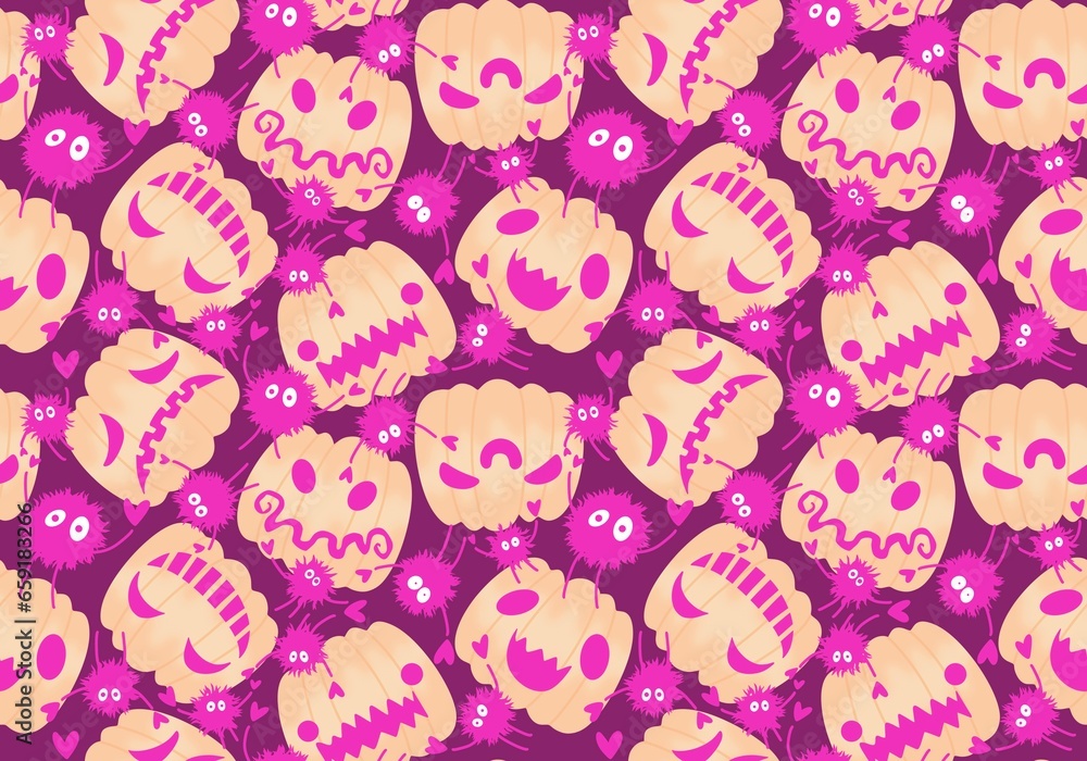 Cartoon retro vegetable harvest seamless Halloween pumpkins pattern for wrapping paper and fabrics and linens