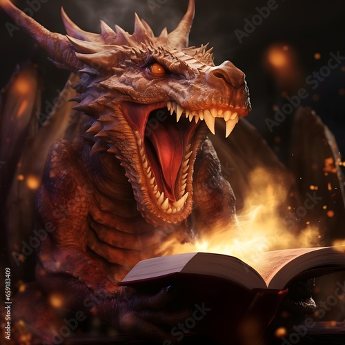 magical reading dragon with illuminated book
