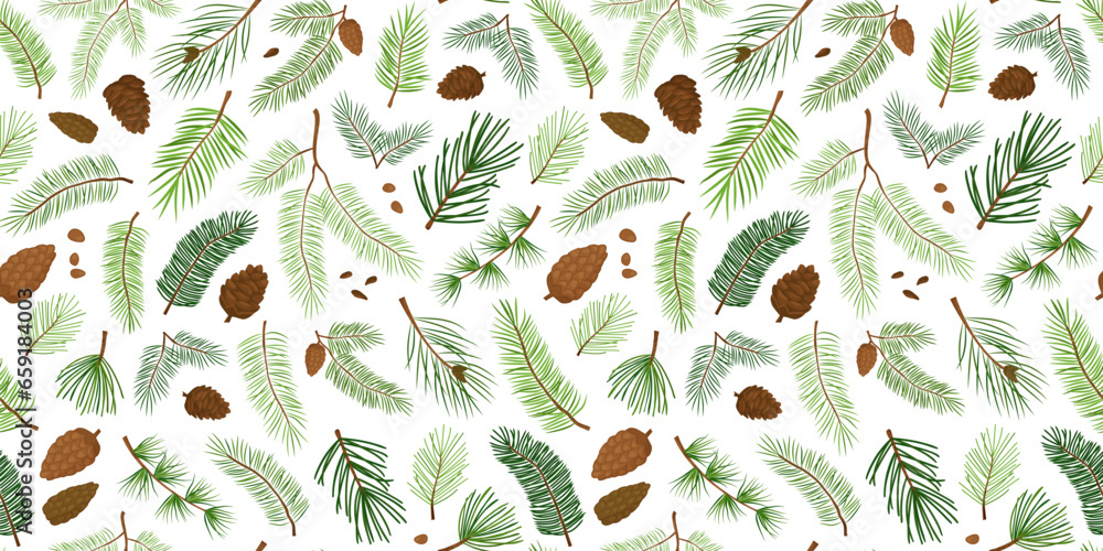 Fir and pine cone vector seamless pattern, branch tree tree and cone, evergreen spruce, Christmas and New Year background. Cartoon xmas decoration. Holiday nature illustration - obrazy, fototapety, plakaty 