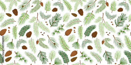 Fir and pine cone vector seamless pattern, branch tree tree and cone, evergreen spruce, Christmas and New Year background. Cartoon xmas decoration. Holiday nature illustration