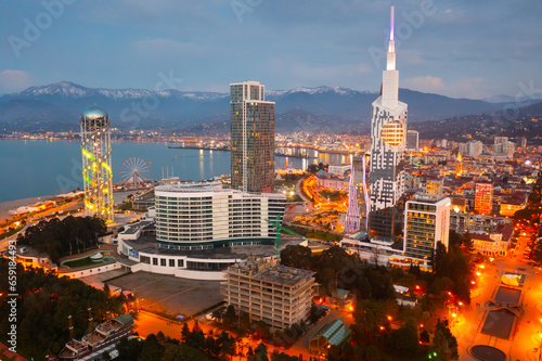 Picturesque aerial view of Georgian town of Batumi at evening