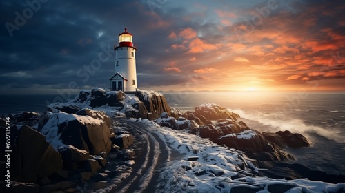 Foto A lighthouse on a snowy hill. Generative AI