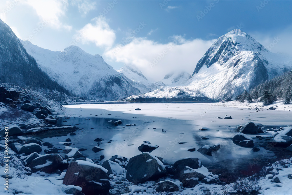 Winter’s Majesty: Snow-Covered Mountains Overlooking a Frozen Lake, ai generative