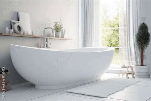 Luxury and Comfort: A Modern Bathroom with a Freestanding Bathtub and Nature View, ai generative