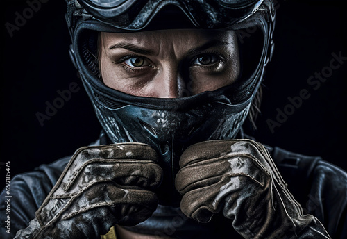 Empowered and Fearless: A Determined Woman Revs Up for Equality on Her Motorcycle Journey, ai generative