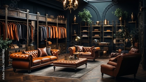 A photo of a interior of a luxury male wardrobe full. Generative AI