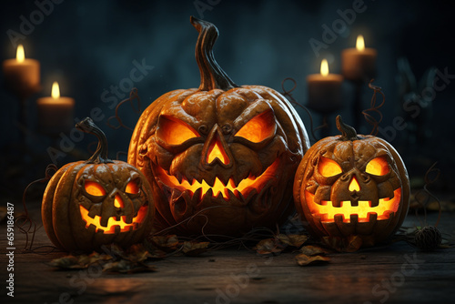 Halloween. The souls of the dead returned to their homes. Pumpkins, witches, skeletons, sorceresses, spirits of the dead, dark night, candies, scary, candles