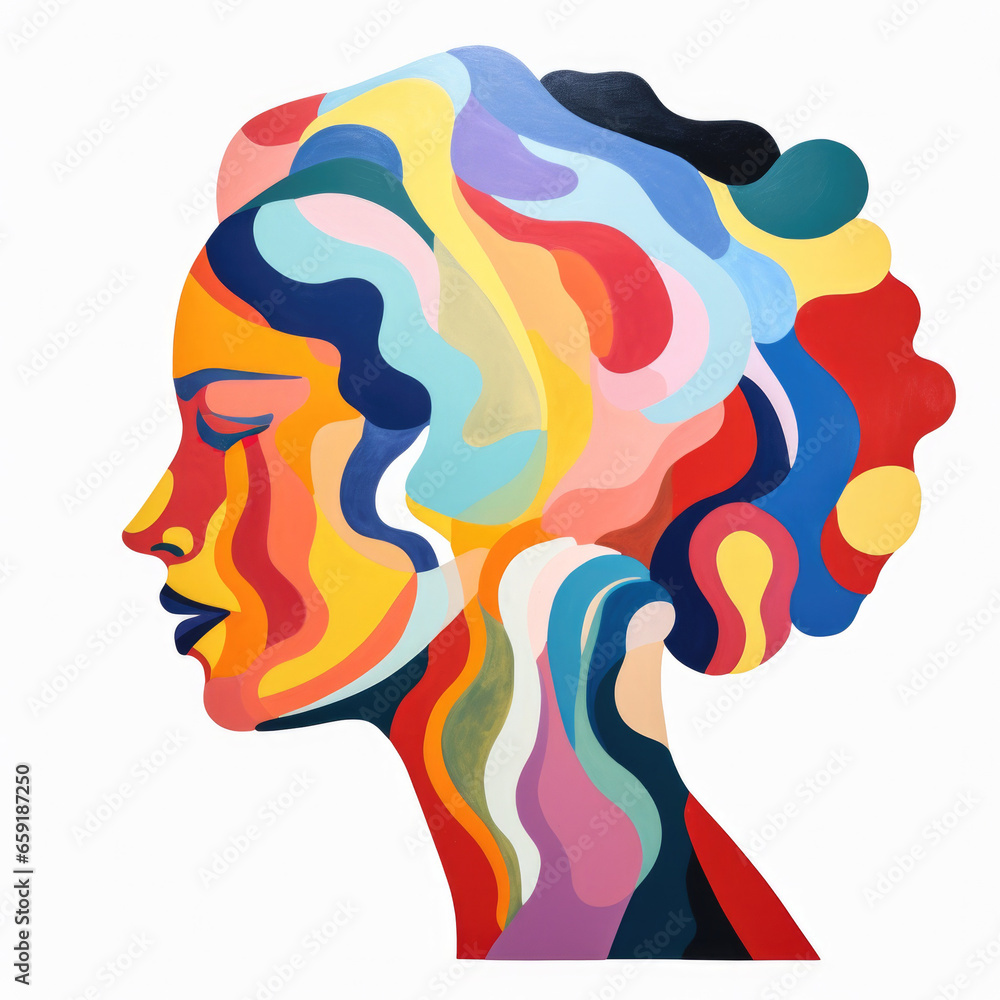 Mental Health - female profile illustration painted in thick gouache paint on white paper, isolated. Metaphorical editorial illustration, perfect for the web or print, in HD. Thoughts, mind and belief