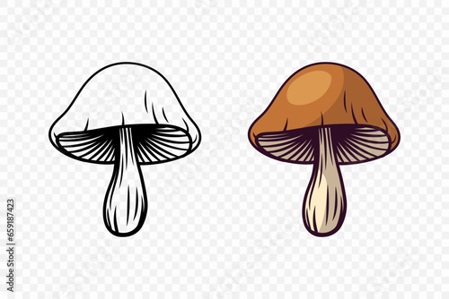 Vector Hand Drawn Cartoon Mushroom with Outline Icon Set Isolated. Mushroom Illustration, Mushrooms Collection. Magic Mushroom Symbol, Design Template