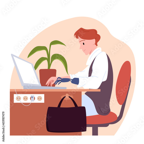 Employee with physical disability working in office vector illustration. Cartoon side view of isolated workplace scene with man with hand prosthesis sitting at table, guy typing on laptop keyboard
