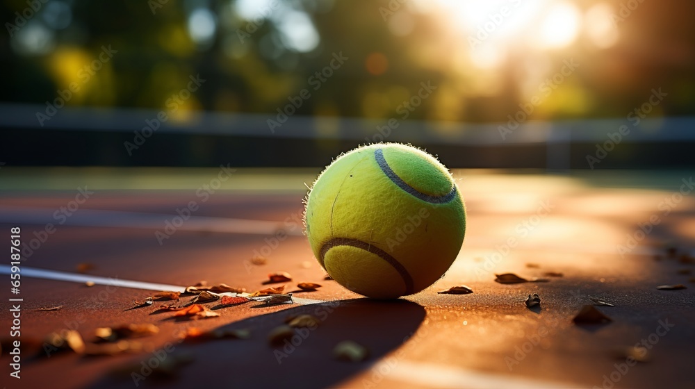 A tennis racket with tennis balls on a tennis court. Generative AI
