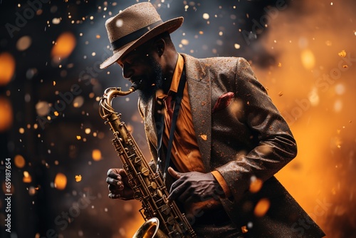 Jazz, musical art, African rhythms, Afro-American and Latino folklore, music culture, piano saxophone, Chicago music, nightlife, melody rhythm . photo
