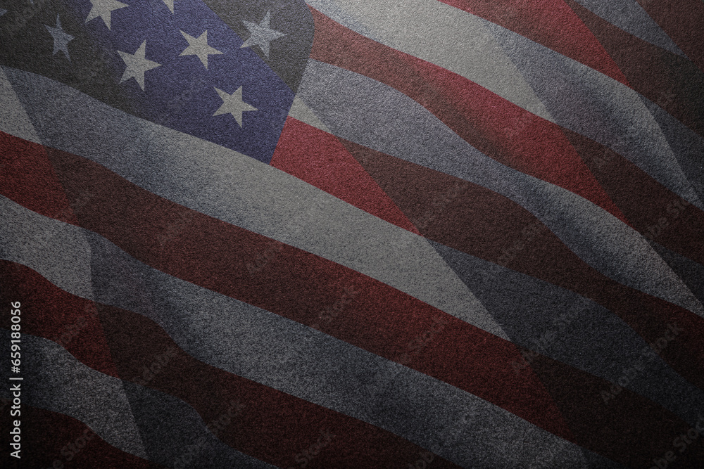 Fototapeta premium Black textured background with image USA flag. American holiday poster. Banner, flyer, sticker, greeting card, postcard.