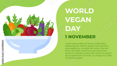 World Vegan Day banner template. Different fresh vegetables in a bowl with basic text. 1 November celebration. Vector illustration.