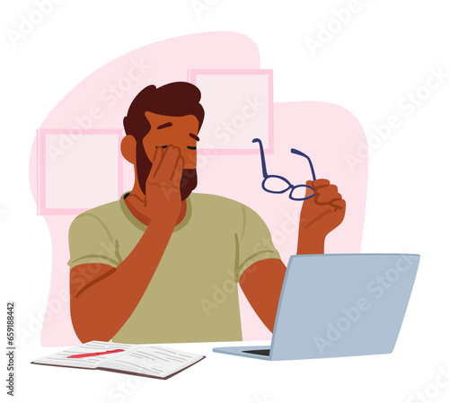 Man Character Sits At A Table, Holding Glasses In One Hand And Rubbing His Tired Eyes With The Other Vector Illustration