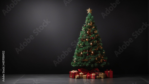 Christmas tree over black background. Backdrop with copy space