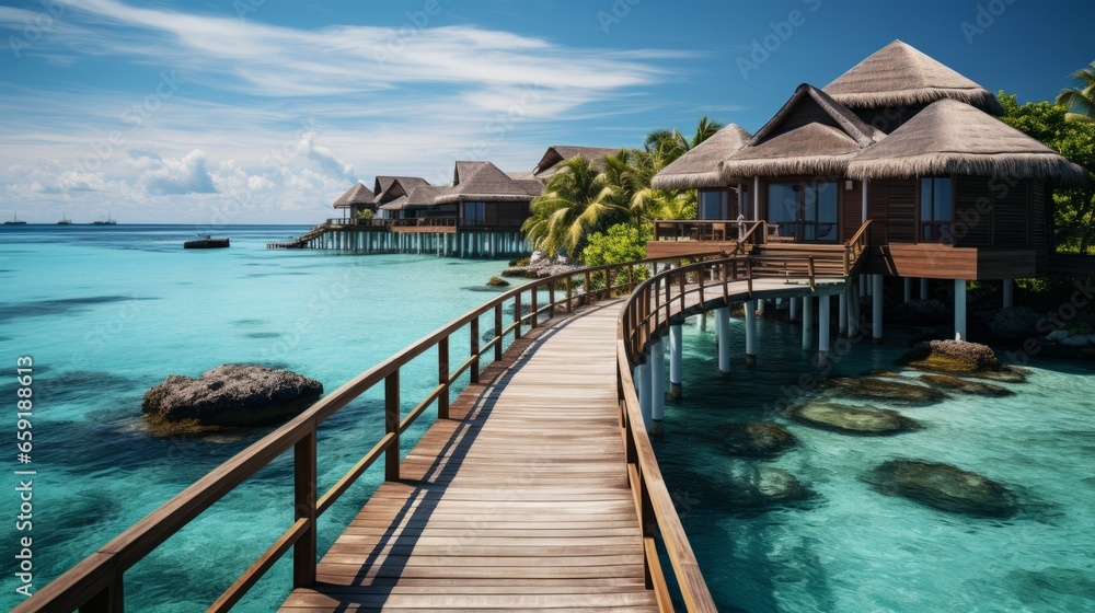 Aerial view of Maldives island luxury water villas. Generative AI