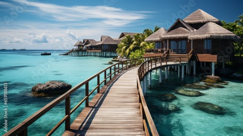 Aerial view of Maldives island luxury water villas. Generative AI © ProVector