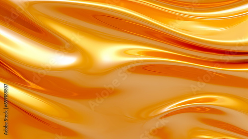 Abstract background with smooth lines in yellow and orange colors for design. Gold metal flow texture. Wavy movement of the melting surface is remembered as a hot amber color.