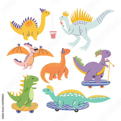 Adorable Dinosaur Characters Riding Skateboards  wear Sunglasses  Drink Cocktails. Playful  Colorful Children Design