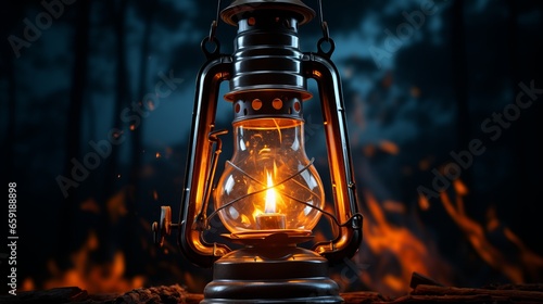 An old-fashioned lantern with a glowing flame an antiq. Generative AI © ProVector