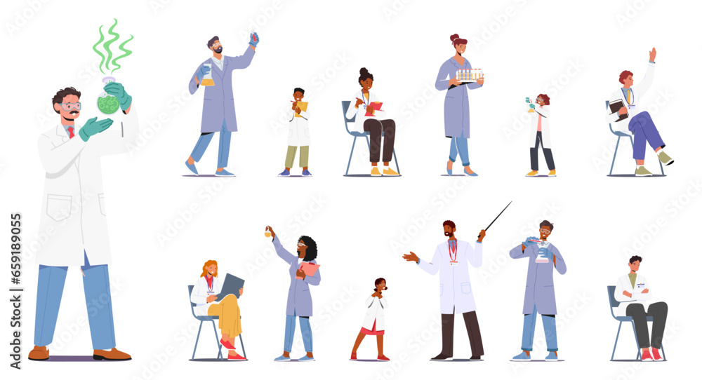 Set Scientist Kids and Adult Characters In Lab Coats, Engaged In Collaborative Research With State-of-the-art Equipment