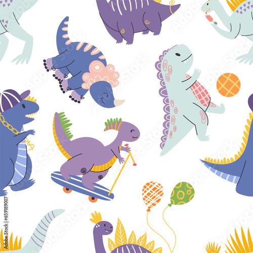 Vibrant And Playful Seamless Pattern Featuring Adorable Dinosaurs In Various Poses And Colors, Play with Balls