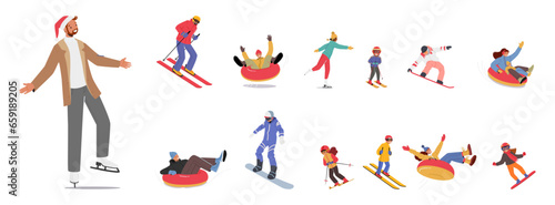 Winter Sport And Outdoor Activities Set. Characters Engaged In A Variety Of Exhilarating Sports, Including Skiing