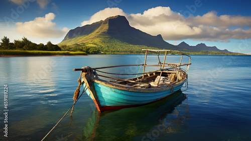 A fishing boat off the coast of the tropical island of Mauritius