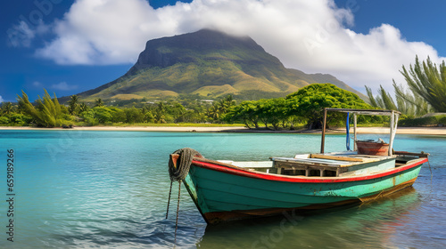 A fishing boat off the coast of the tropical island of Mauritius